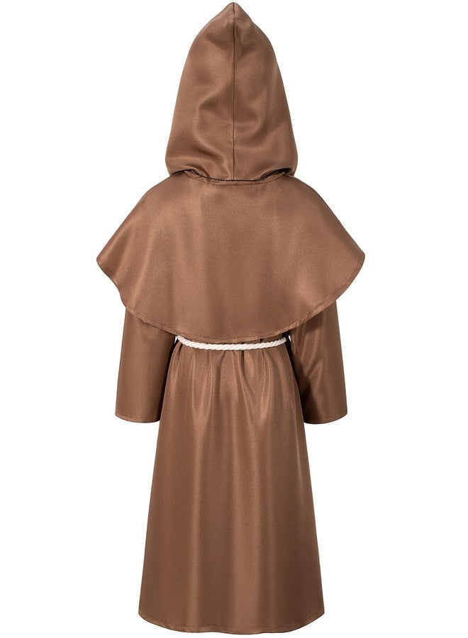 Irtysh Kids Medieval Renaissance Monk Costume Priest Friar Wizard Cloak Hooded Robe Cosplay Costume Belt Necklace Set(BW 150) - Image 4